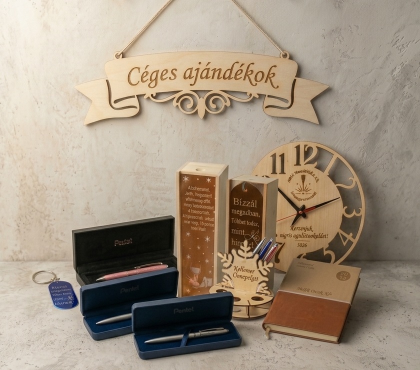 Ajándékcsomagok, kulcstartó és tollak láthatók fehér háttéren, „Céges ajándékok” felirattal.