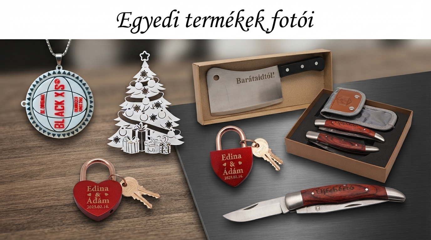 „Egyedi termékek kérése” felirat, kéz szívvel, lakat, „Edges & Allon” felirat, motoros kulcstartó és embléma.